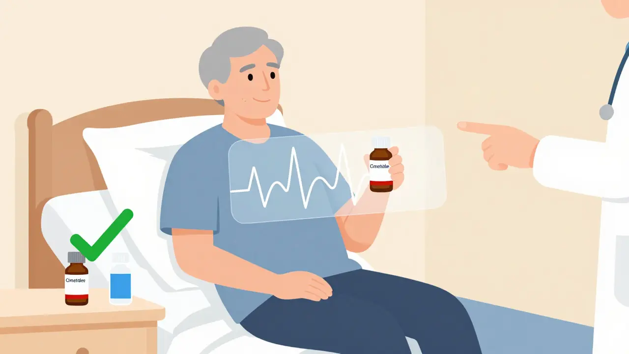 An elderly patient holding cimetidine while a life-threatening heart rhythm emerges, with a safe alternative nearby.