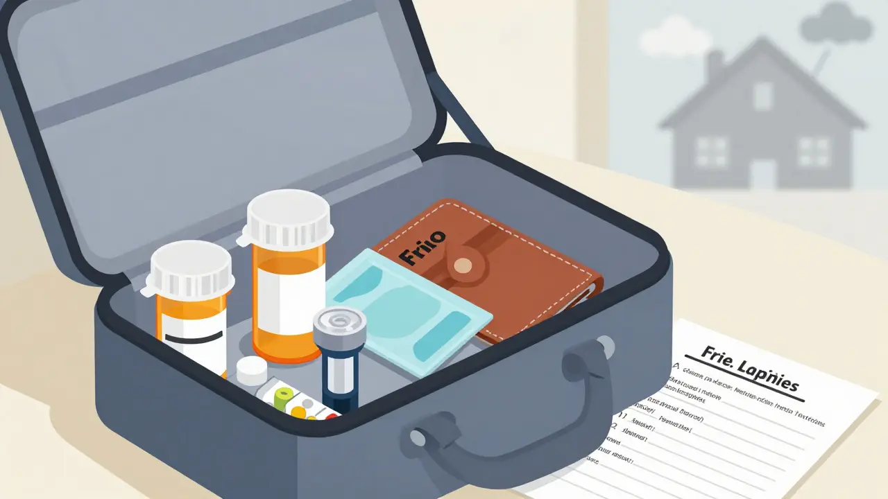 An open go-bag showing prescription bottles, a cooling wallet, and a laminated medication list with emergency supplies.