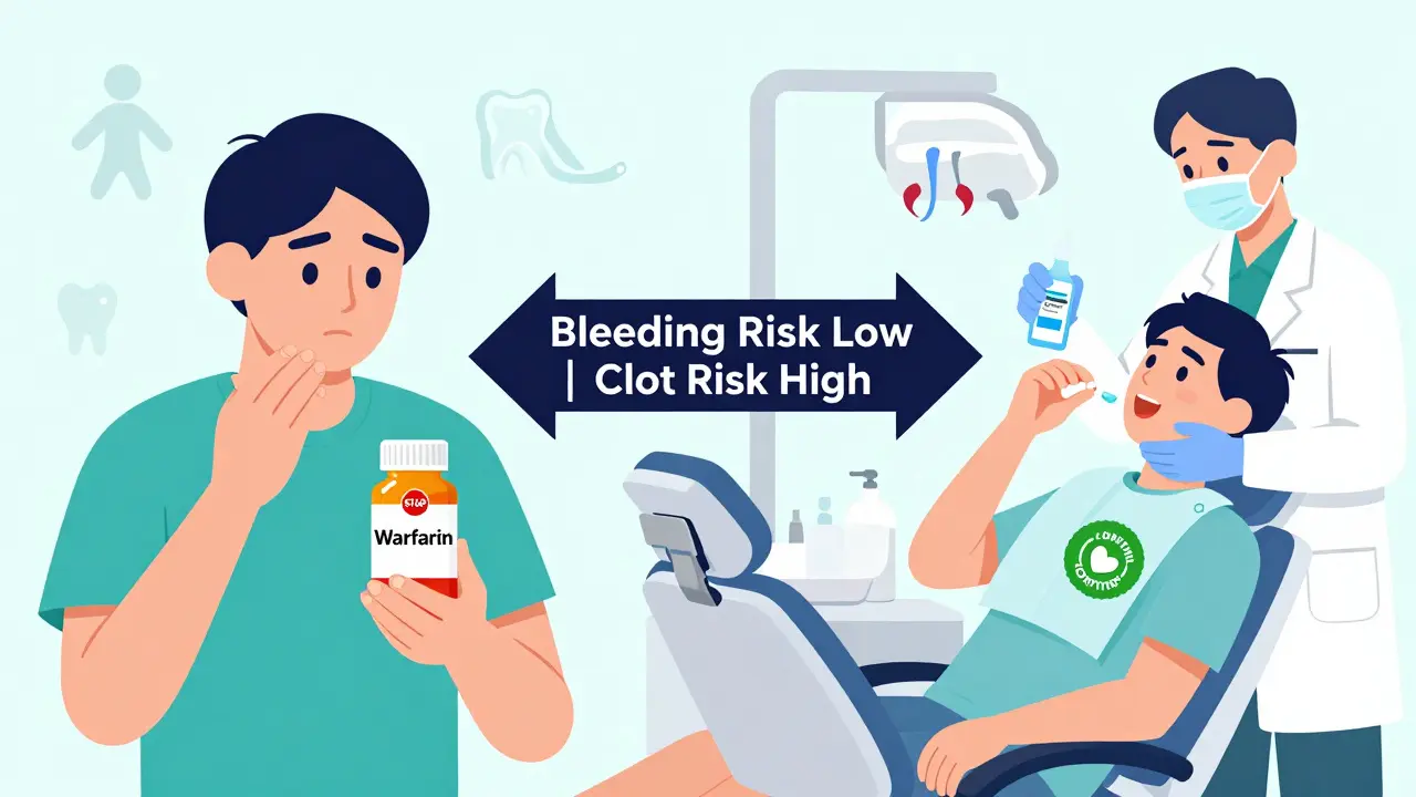 Comparison of stopping vs. continuing blood thinners before dental work, highlighting clot risk versus bleeding risk.