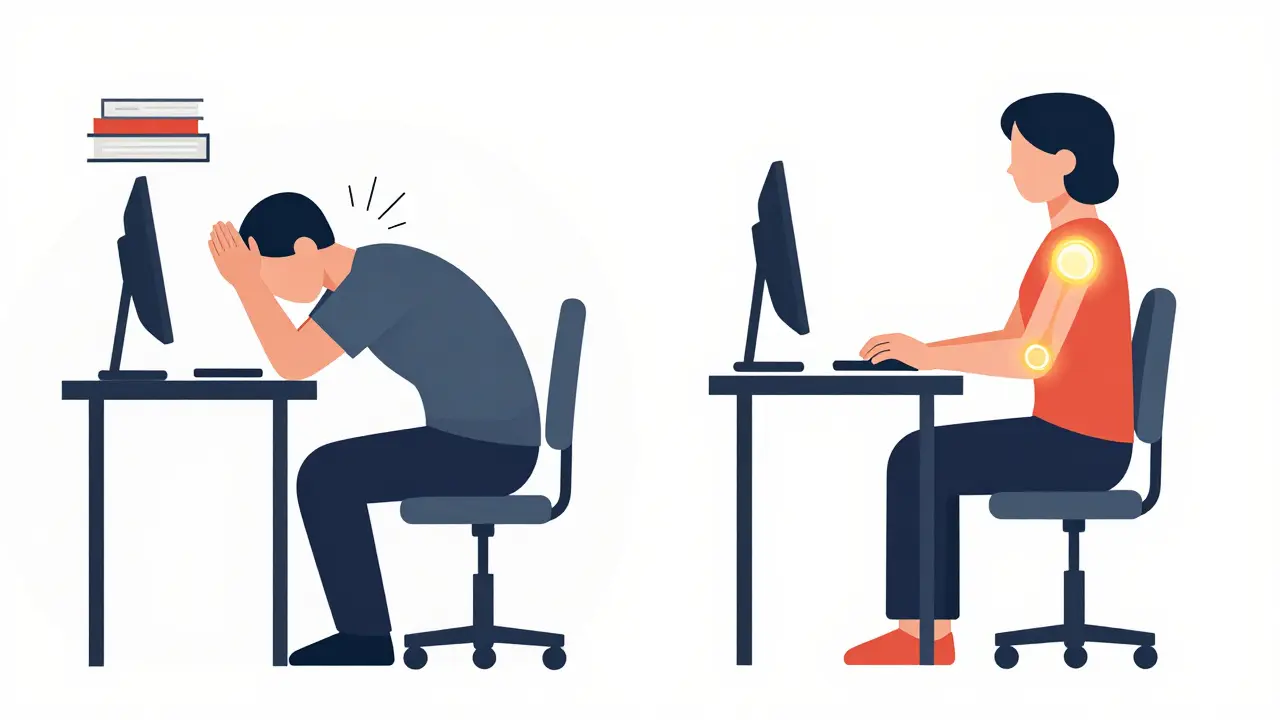 Contrasting images: hunched posture with pain vs. ergonomic posture with relief, side by side.