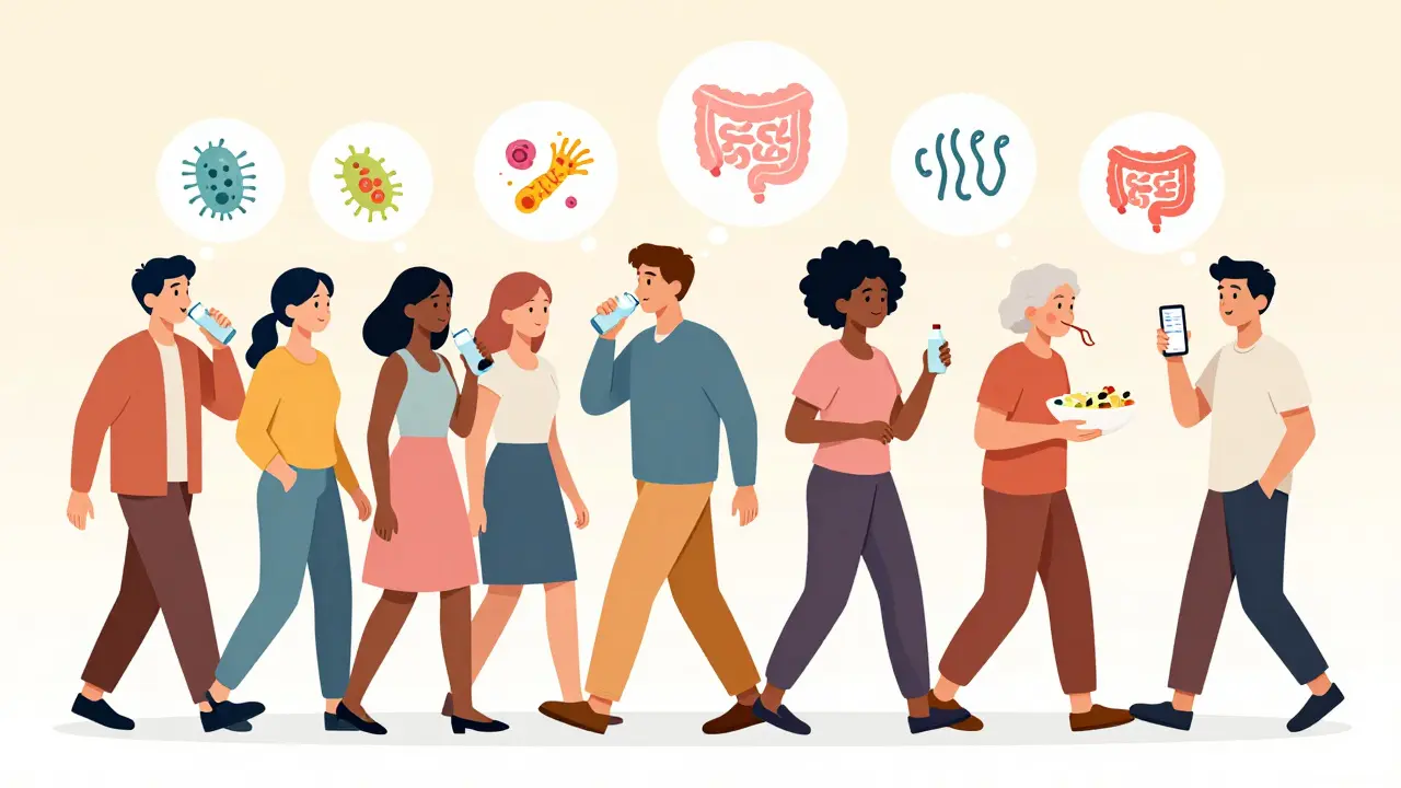 Diverse group of people practicing healthy habits like walking, drinking water, and using a gut-health app.