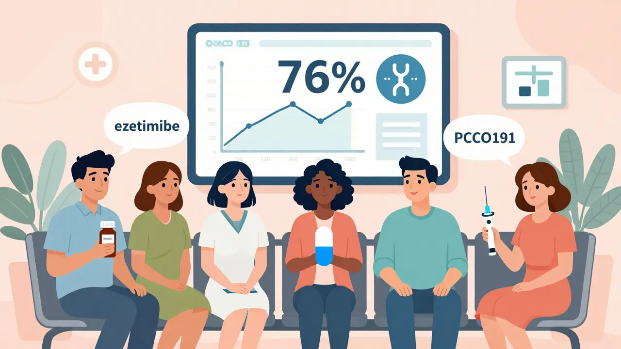 Diverse patients holding different cholesterol-lowering therapies—ezetimibe, bempedoic acid, PCSK9 inhibitor—with a screen showing success rates and genetic marker.