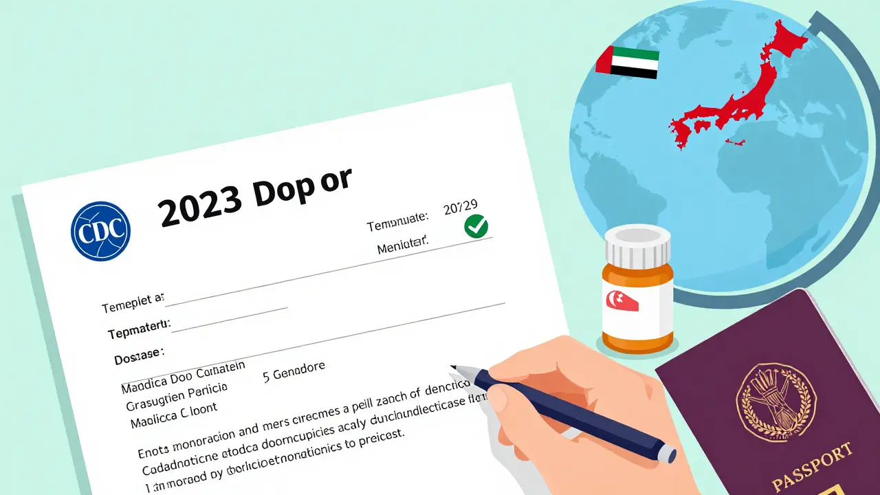 Doctor's letter with medication details and passport beside a globe showing restricted countries.
