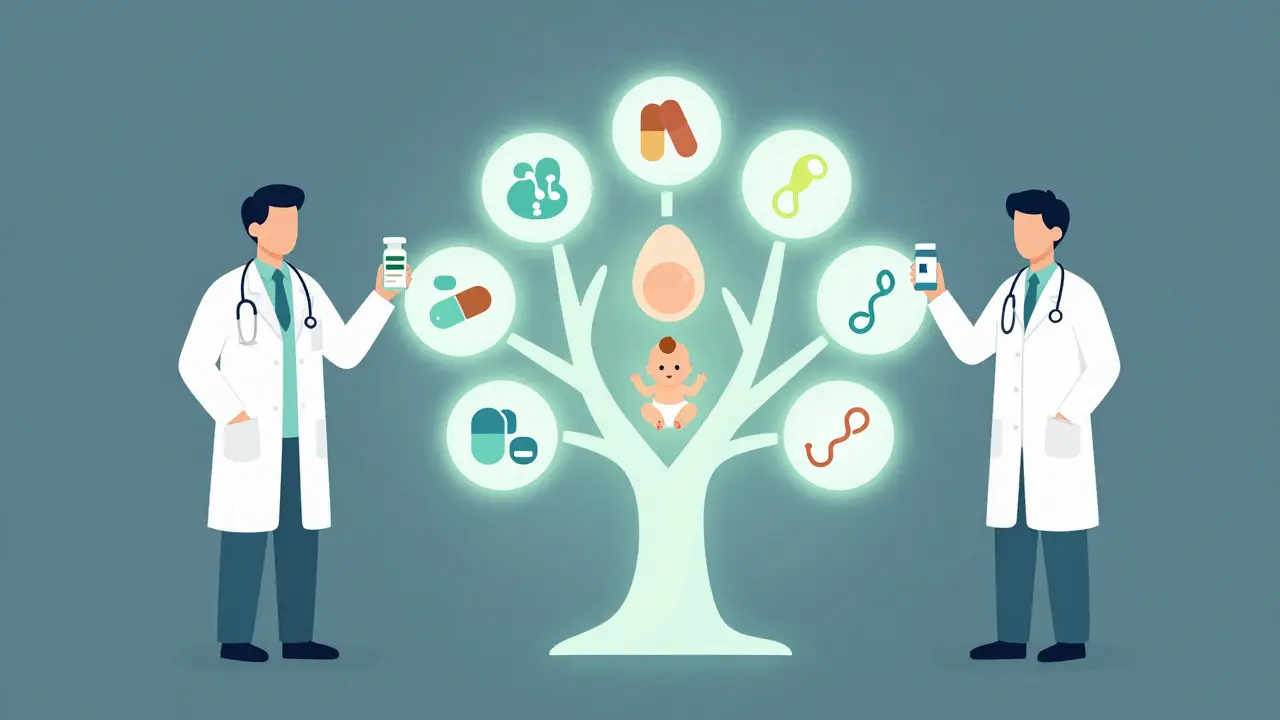 Medical team collaborating around a family health diagram with drug and fertility icons.