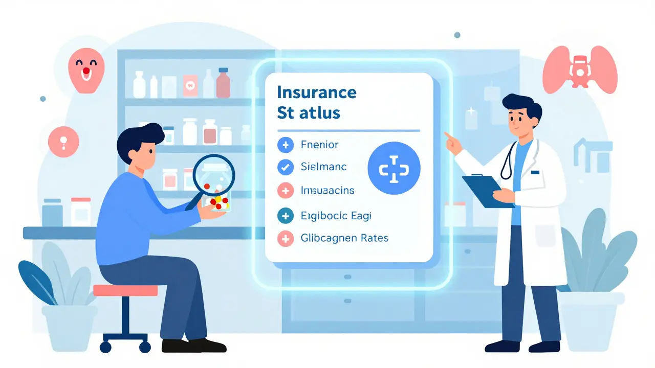 Patient, pharmacist, and doctor connected by digital data showing drug safety and cost savings during a generic transition.