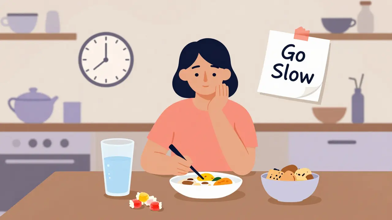 Person at a kitchen table practicing self-care with water, candy, and small meals during medication transition.