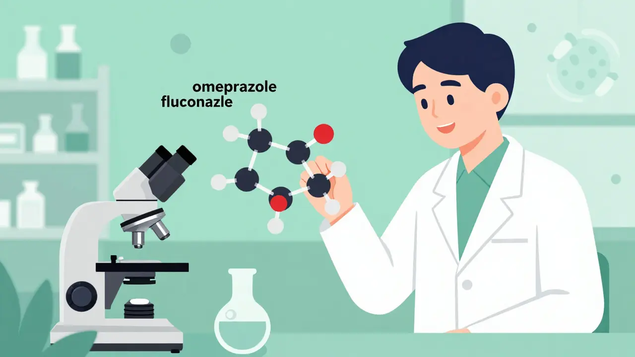 Scientist studying molecular interaction between drugs and fungal cell.