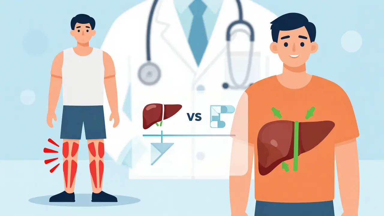 Side-by-side comparison of two patients: one experiencing muscle pain from a lipophilic statin, another with no pain using a hydrophilic statin targeting the liver.