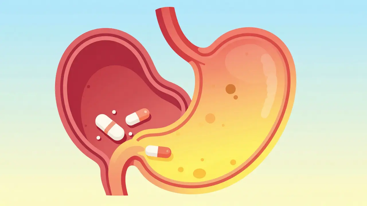 Stomach cross-section with color gradient showing pill dissolution differences.