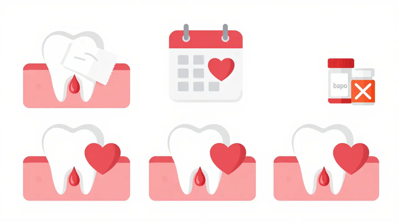 Three-panel illustration showing staged tooth extractions with controlled bleeding and protective measures.