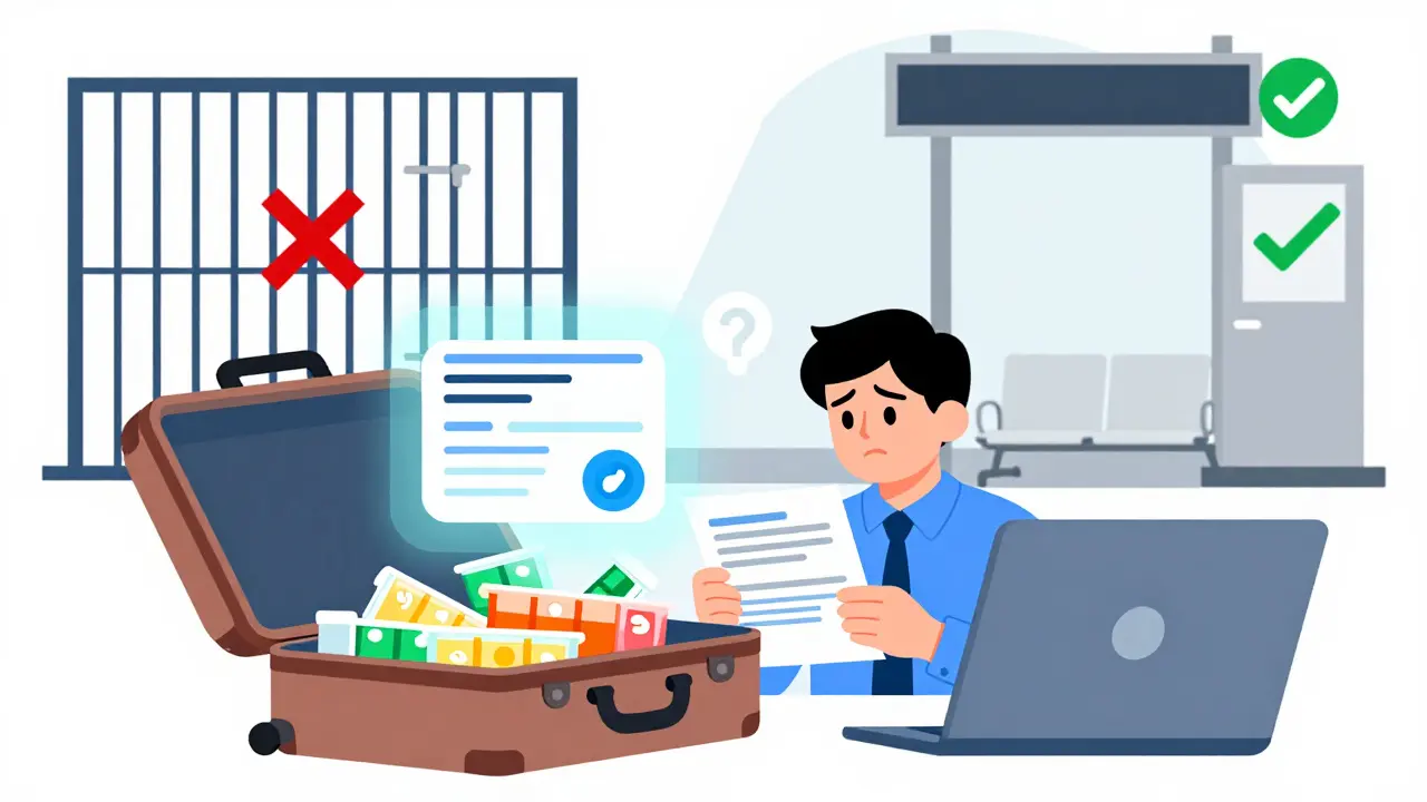Traveler with unmarked pills versus digital medical certificate, with safe and risky paths shown.