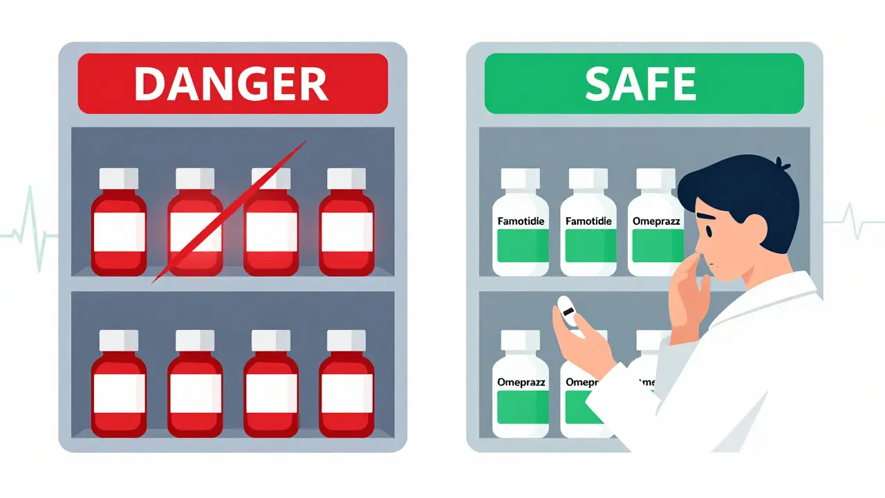 Two pharmacy shelves showing dangerous cimetidine versus safe alternatives like famotidine, with a patient choosing the right option.