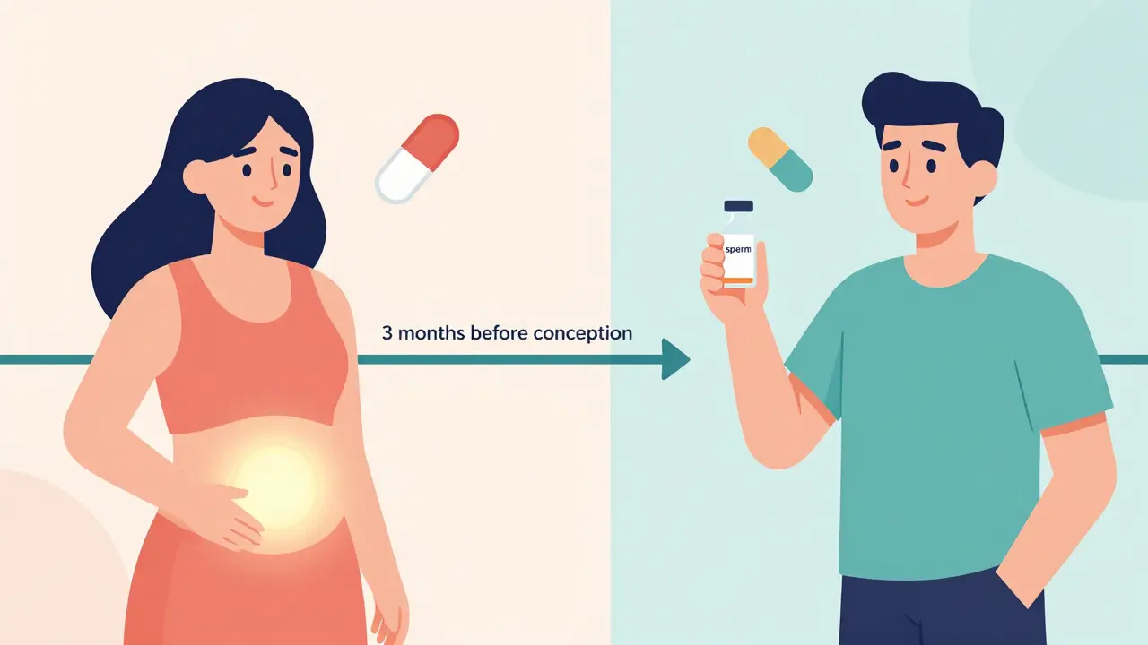 Woman and man preparing for pregnancy, showing safe medication and sperm recovery timeline with icons.
