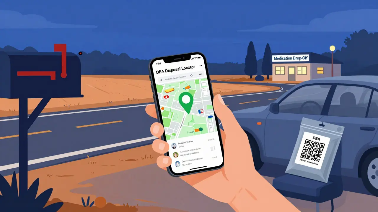 A rural resident using a QR-coded disposal pouch and smartphone map to find a medication drop-off location.