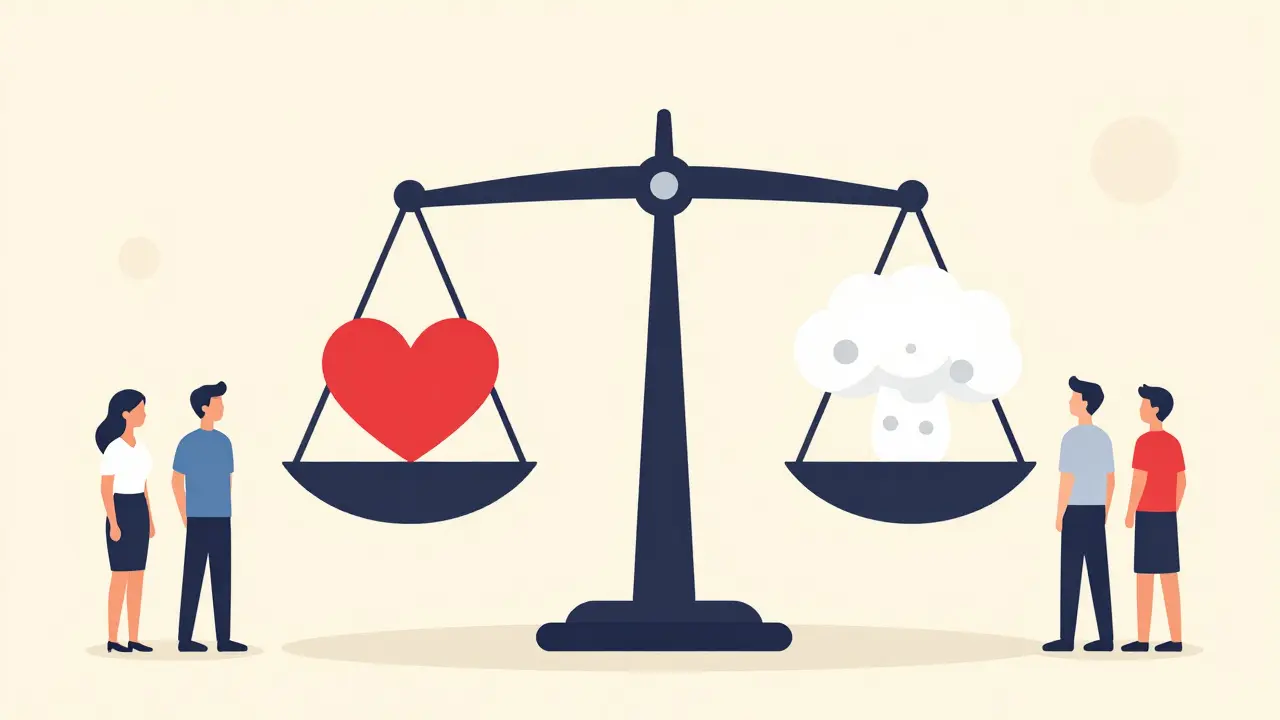 Balance scale weighing heart benefits against infection risk.