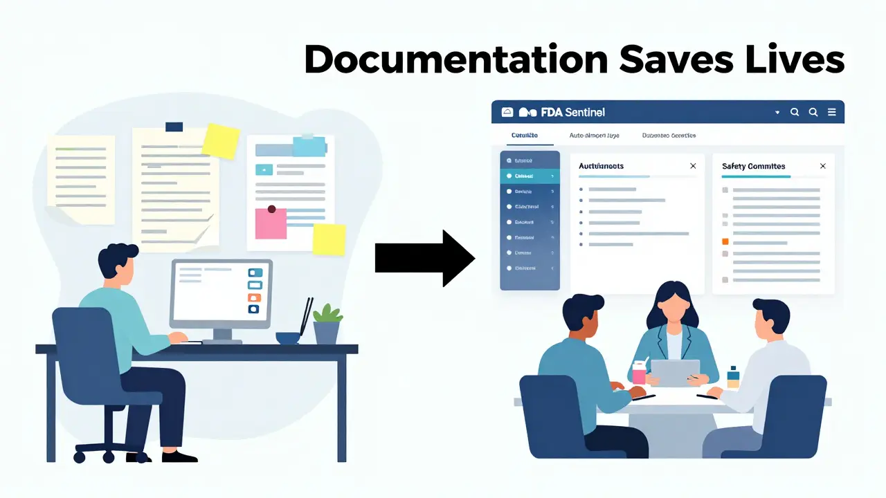 Contrast between chaotic paper alerts and organized digital safety documentation in a clinic.