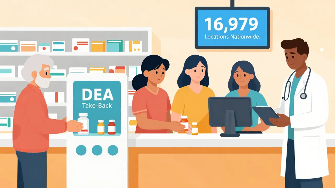 Diverse individuals dropping off unused opioids at a pharmacy take-back kiosk with a community pharmacist.