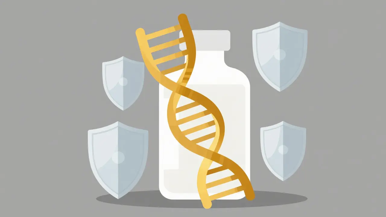DNA helix and medicine capsule forming a protective shield.