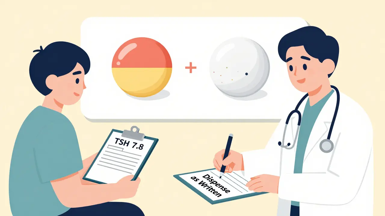 Doctor writing 'Dispense as Written' on prescription with lab results visible.