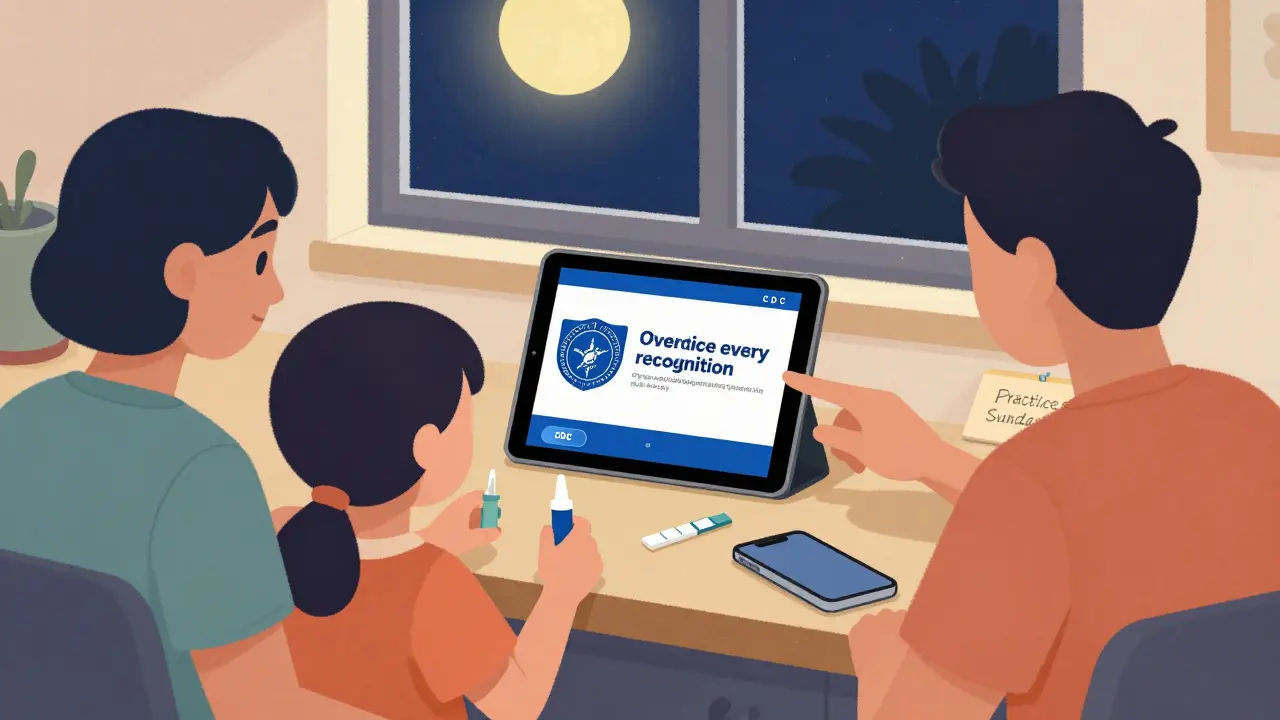 Family watching an overdose education video together in a kitchen at night