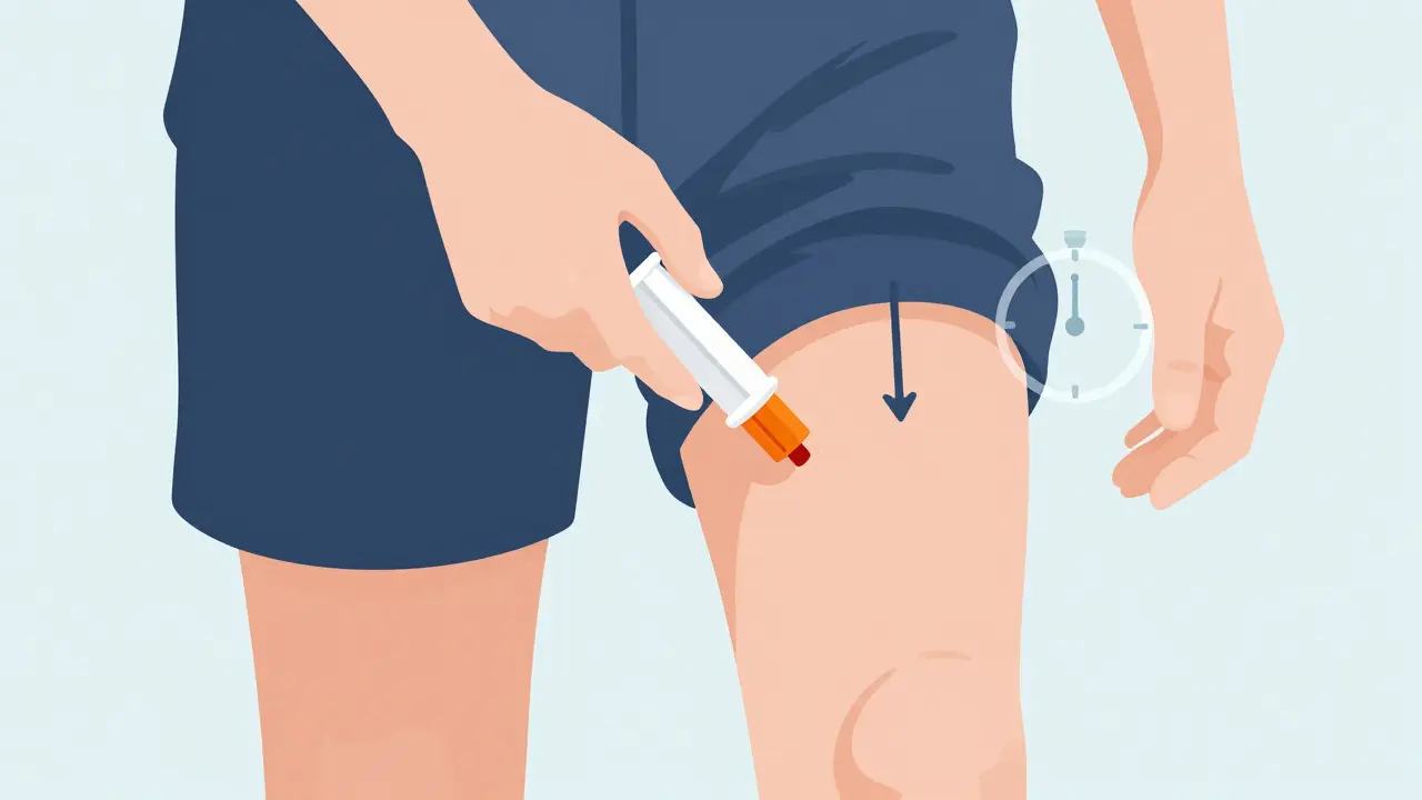 Hand administering injection into outer thigh muscle.