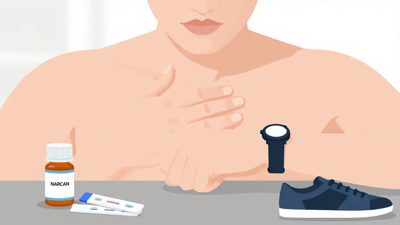 Hand rubbing sternum to test responsiveness while monitoring breathing