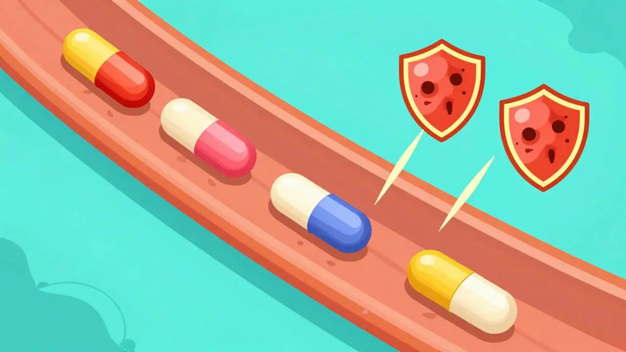 Microscopic view of drug accumulation versus immune response.