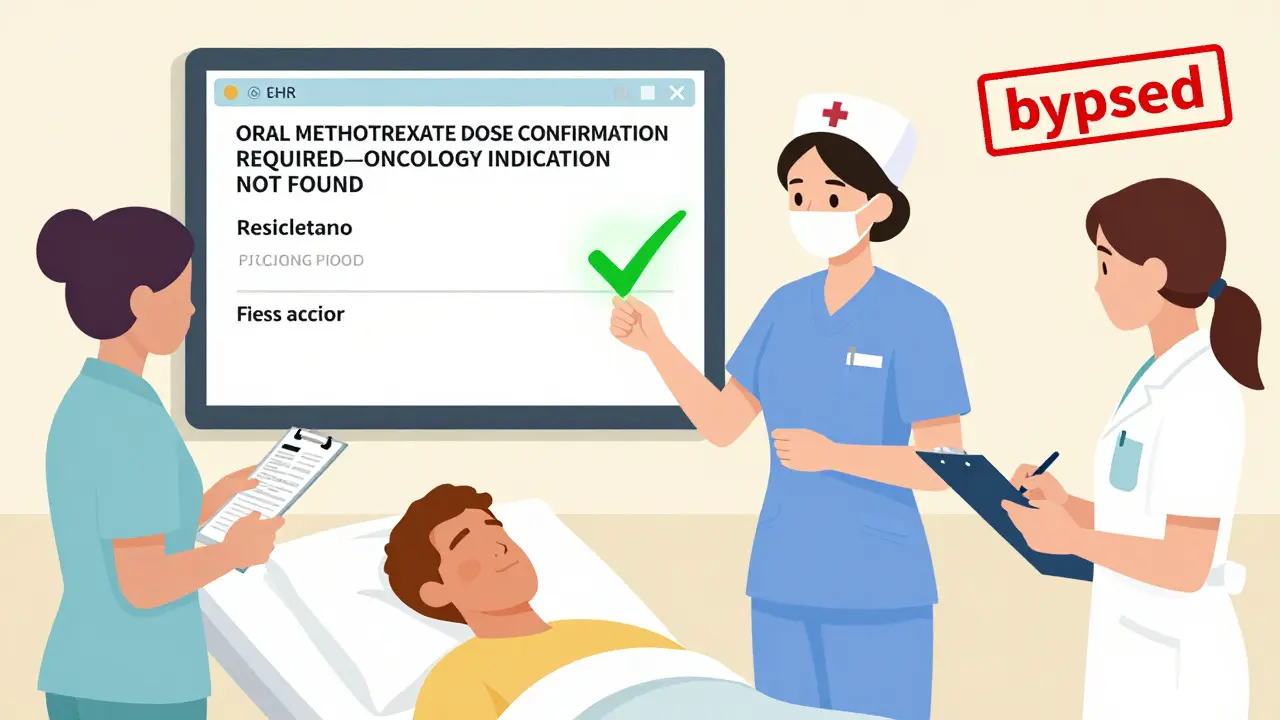 Nurse scanning medication barcode with EHR hard-stop alert blocking an unsafe methotrexate order.