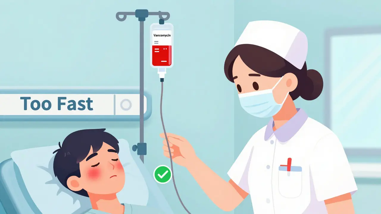 Nurse slowly giving IV vancomycin to patient with reduced redness, showing safe infusion rate.