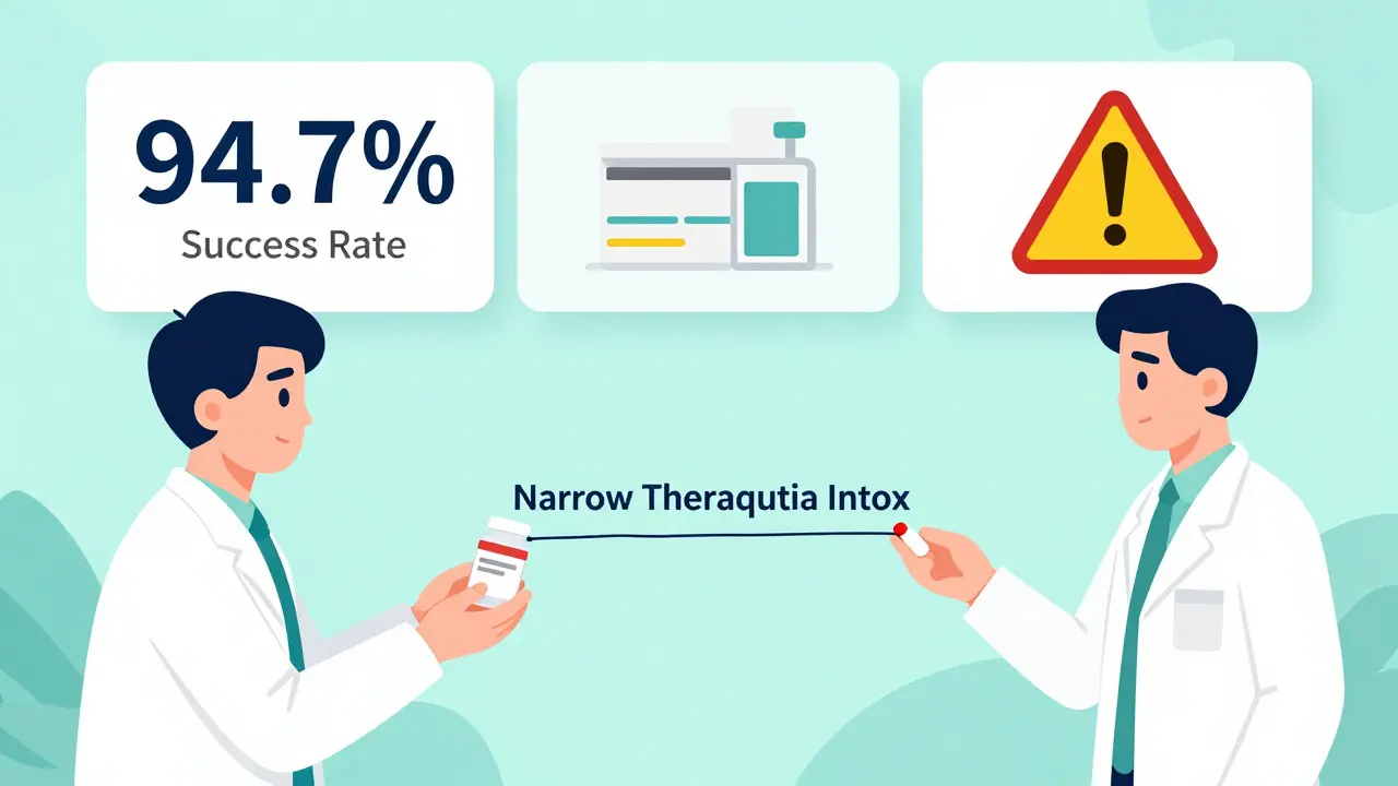 Patient between brand and generic NTI drug options, with a thin line representing narrow therapeutic index and clinical outcome panels.