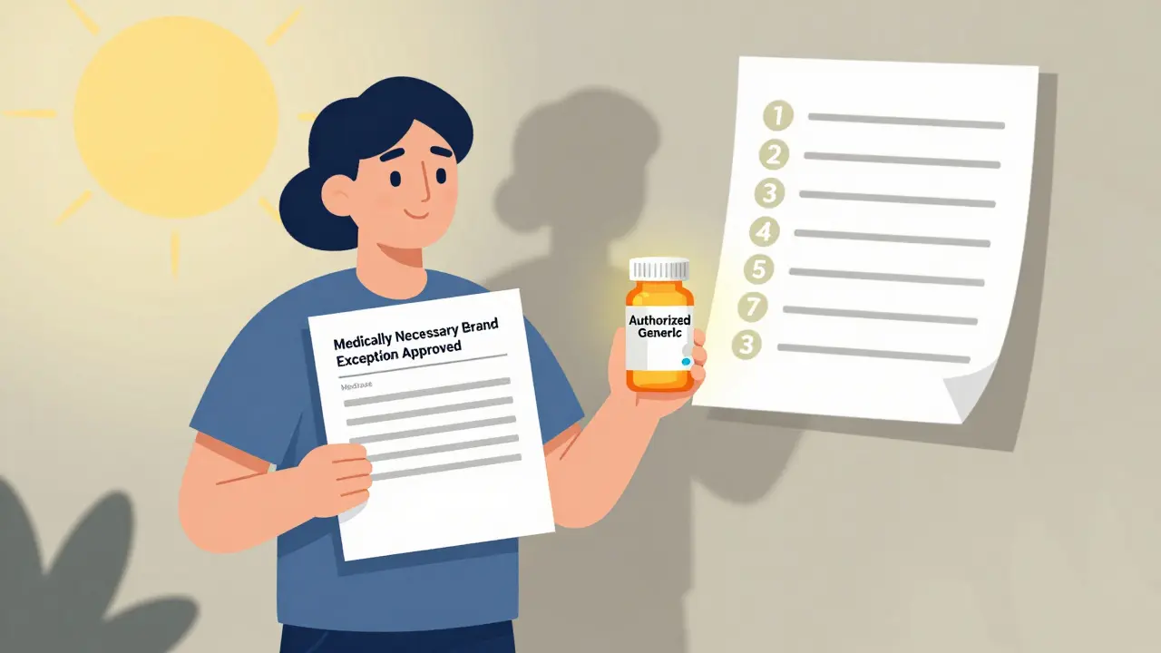 Patient celebrates approved brand medication request with authorized generic pill in hand.