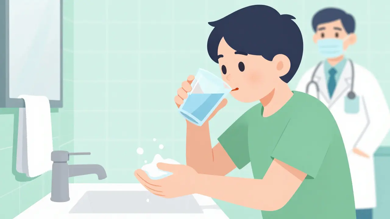 Person drinking water and washing hands for prevention.