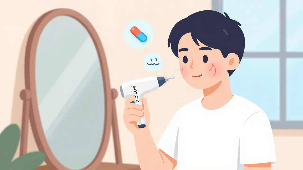 Person using Botox and laser therapy to reduce facial flushing, with calming symbols nearby.