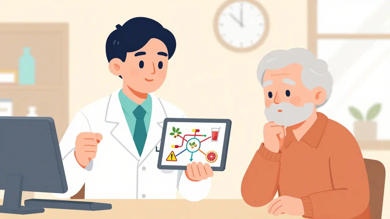 Pharmacist showing drug interaction map to elderly patient using a tablet in a clinic.