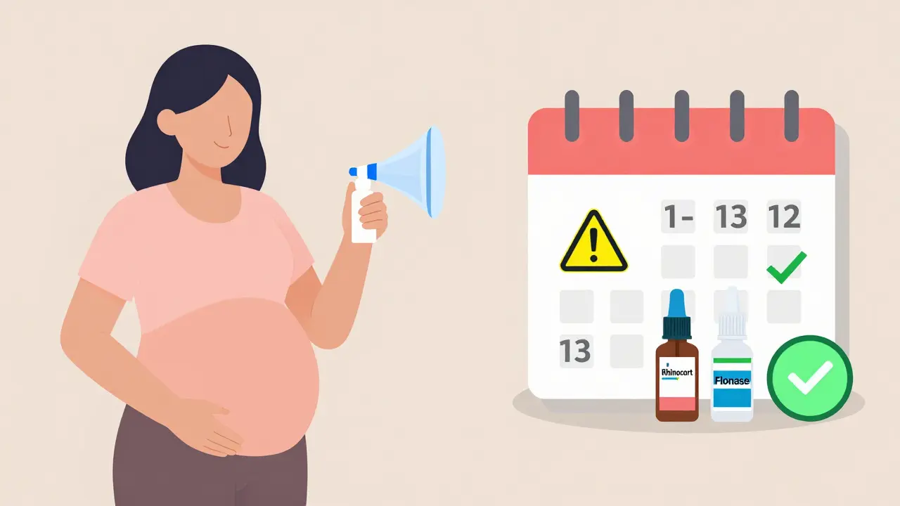 Split illustration comparing first and second trimester allergy treatment options, with caution symbols and safe nasal sprays.