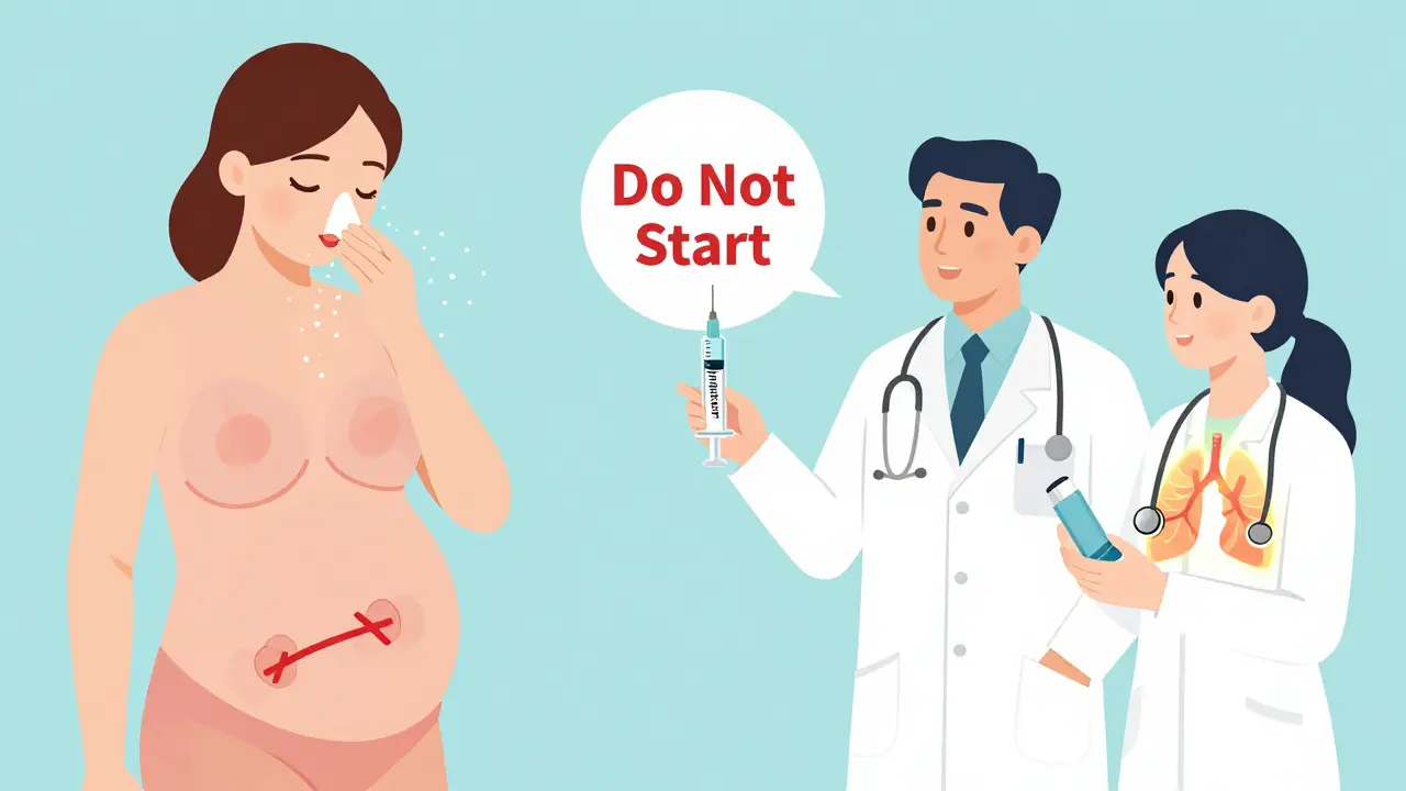 Transparent body diagram showing nasal spray localized in the nose, with safe inhaler and warning against starting allergy shots during pregnancy.