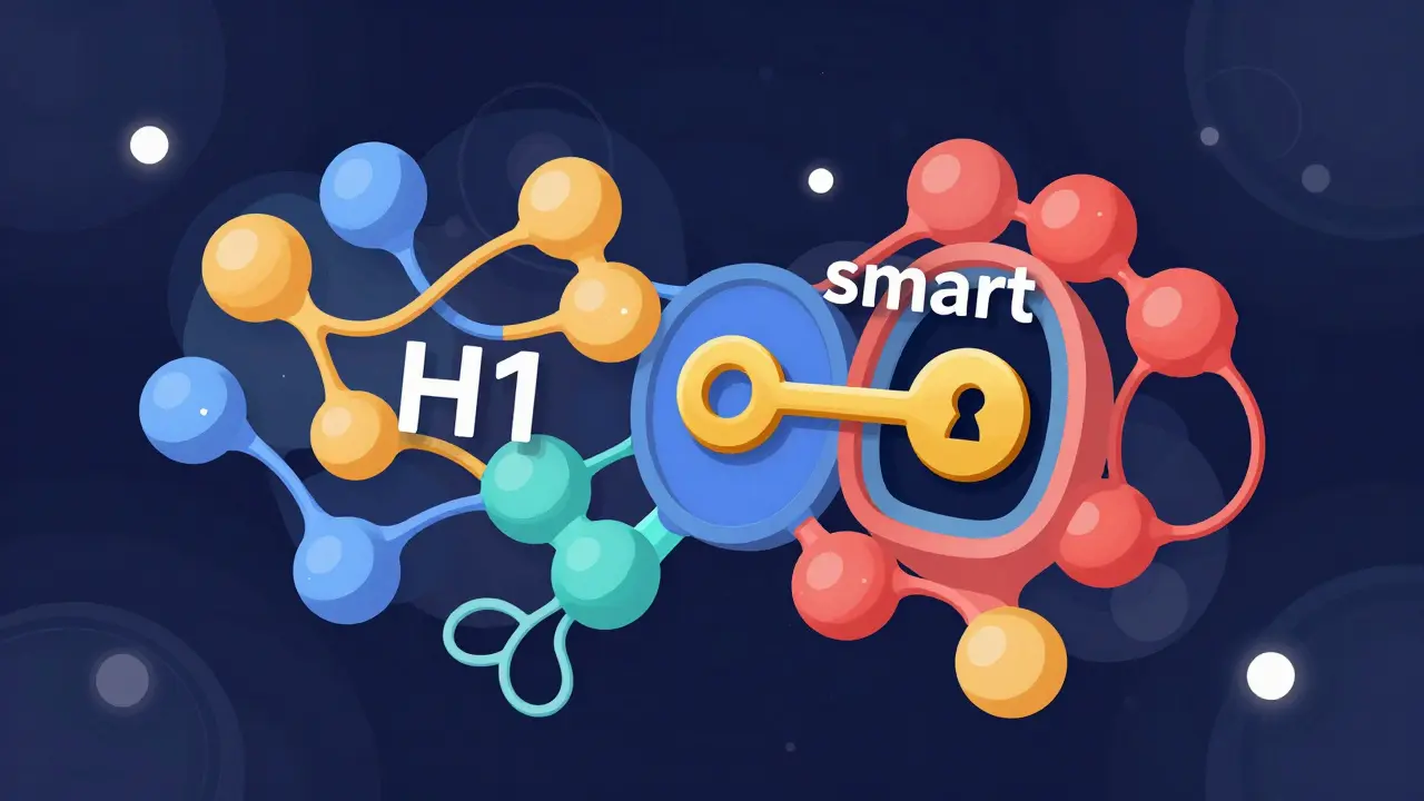 A golden molecule fitting into a colorful H1 receptor protein model.