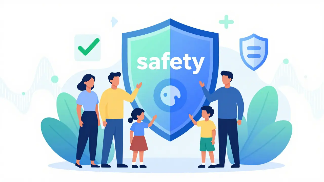 Adult and child protected by a digital shield symbolizing safe glucose management and AI support.