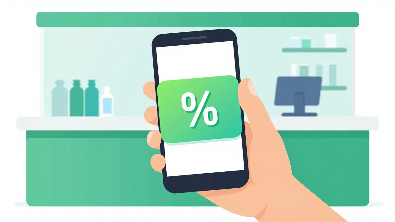 Hand holding a phone with a pharmacy discount coupon