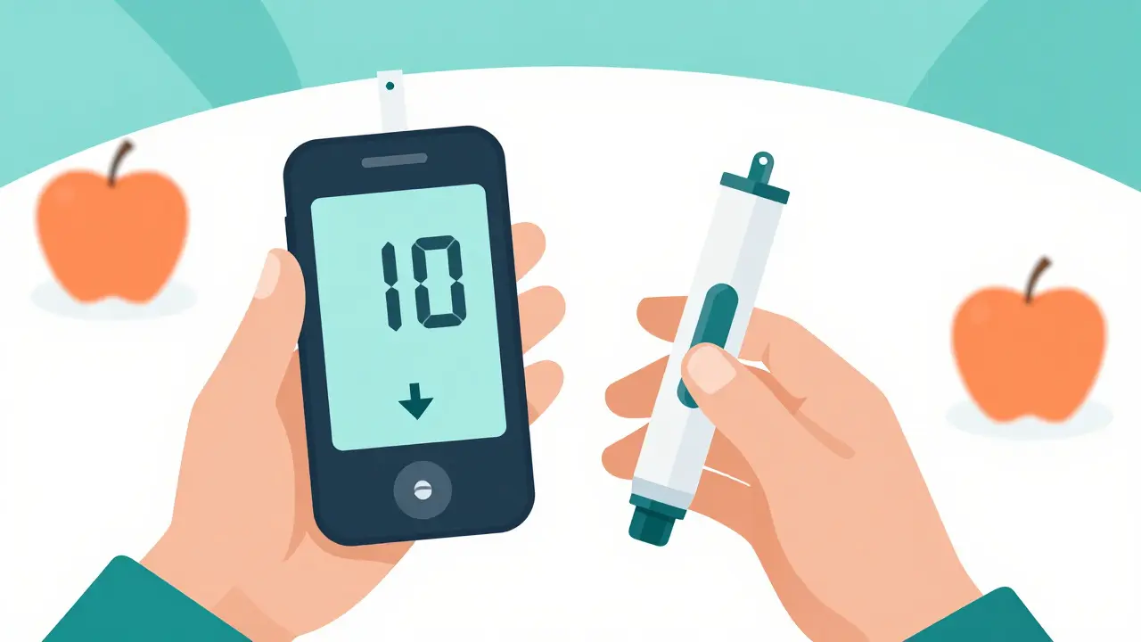 Hand holding a smartphone displaying a glucose monitor with a double-down trend arrow.