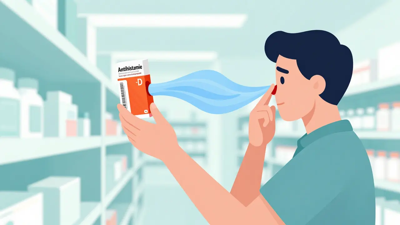 Person choosing between standard allergy medication and a decongestant version in a pharmacy