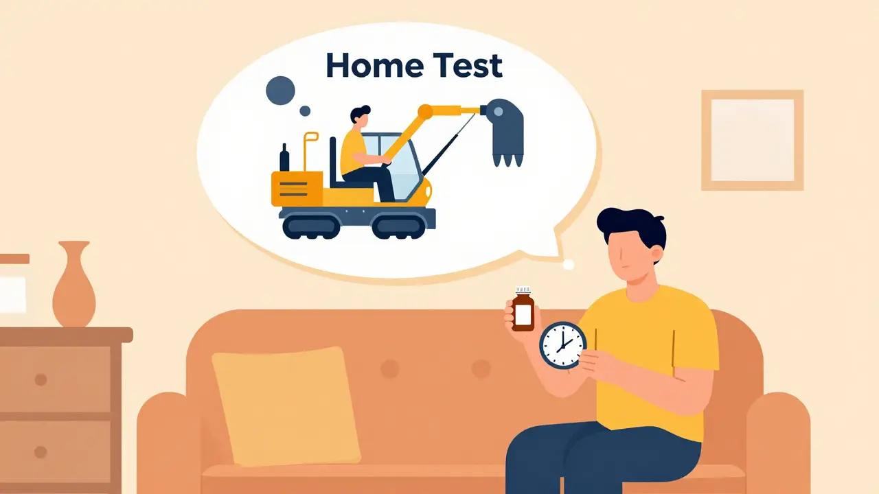 Person testing medication at home before working with heavy machinery