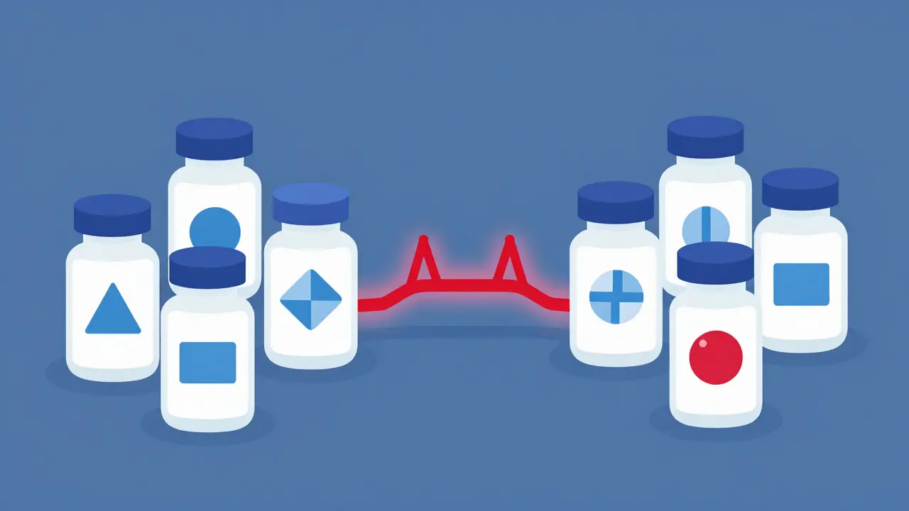 Stylized medicine bottles connected by a red chain illustrating drug cross-reactivity.